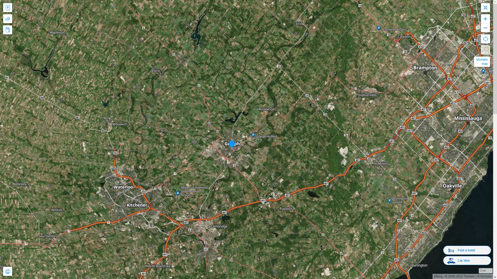 Guelph Canada Autoroute et carte routiere avec vue satellite